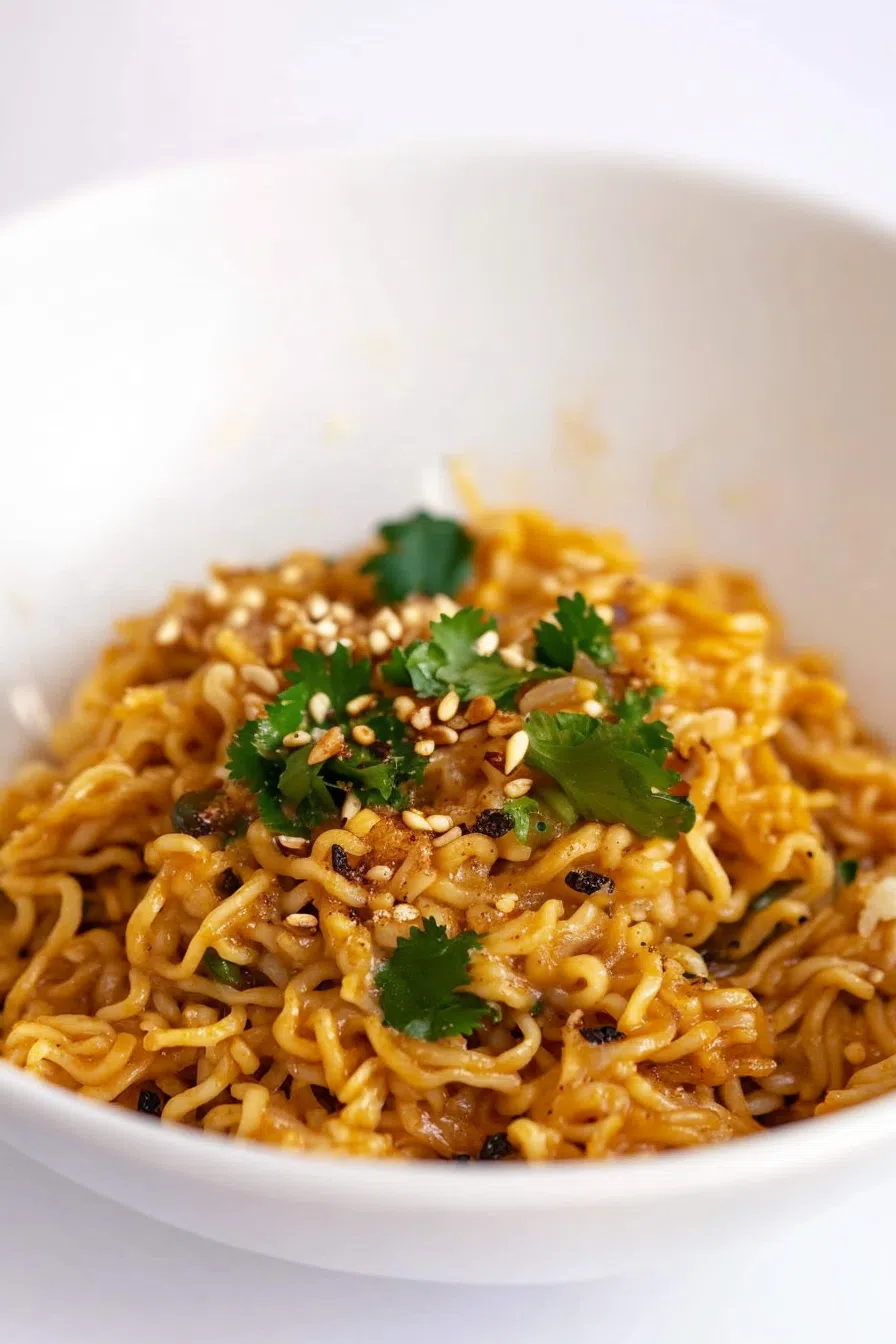 Bowl of saucy noodles topped with a soft-cooked egg and sesame seeds