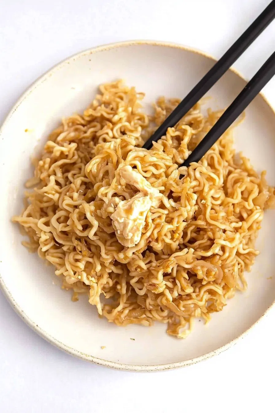 Chopsticks lifting a tangle of glossy, seasoned noodles.