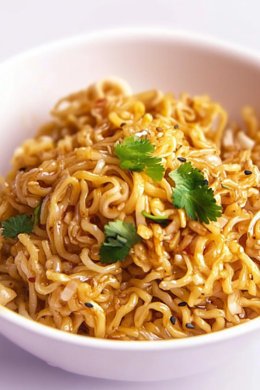 Overhead view of a quick stovetop meal with rich sauce coating the noodles.