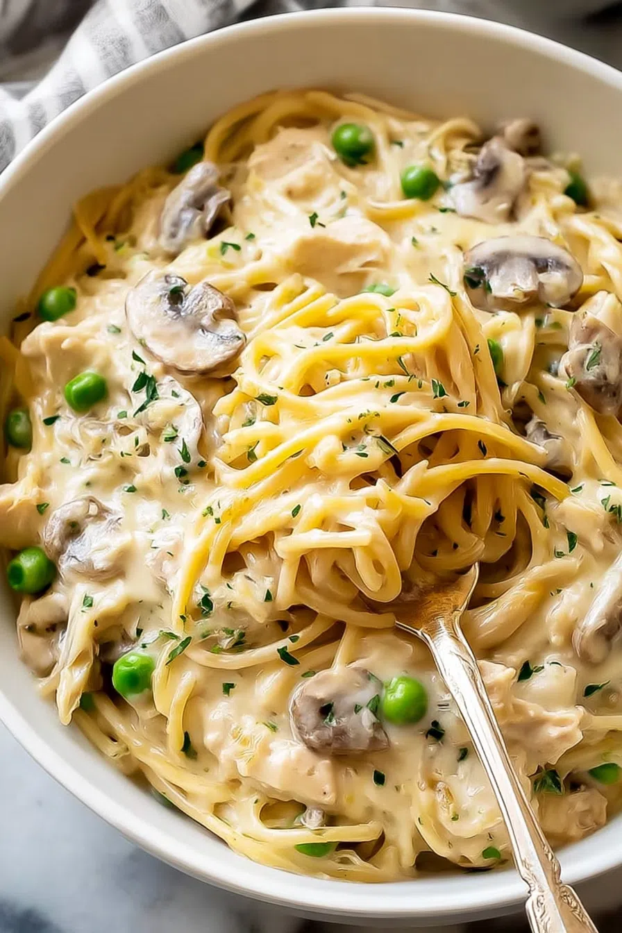 Close-up of a forkful of cheesy pasta being lifted from the pan.