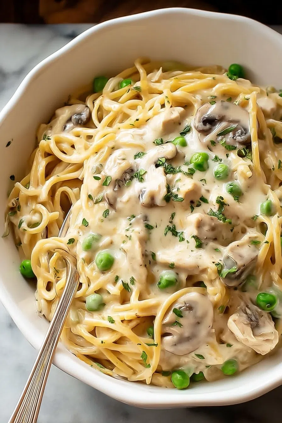 Creamy pasta casserole baked to a golden brown in a white dish.
