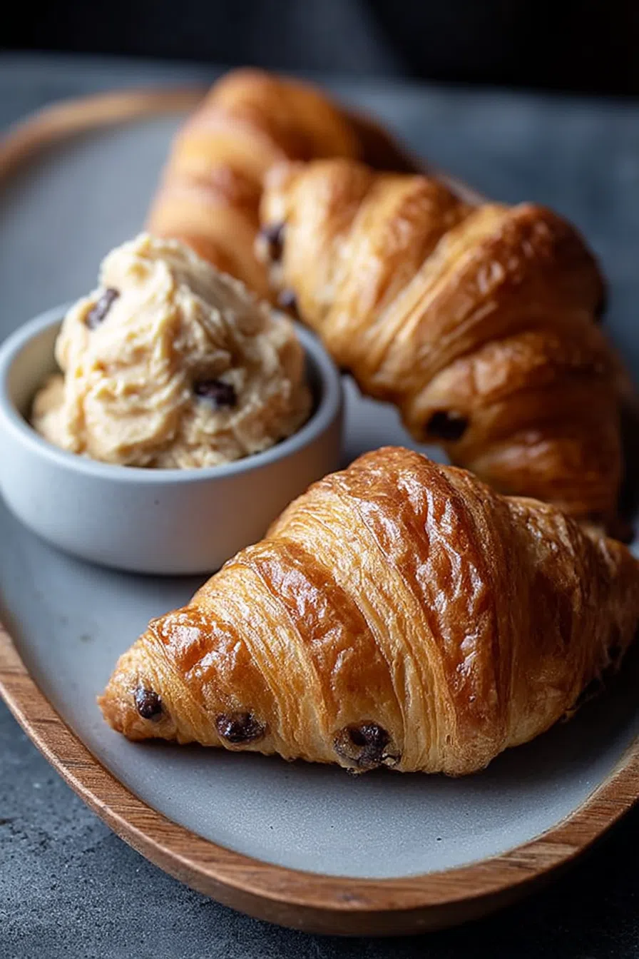 Golden, flaky pastry with a gooey chocolate center on a parchment-lined tray.
