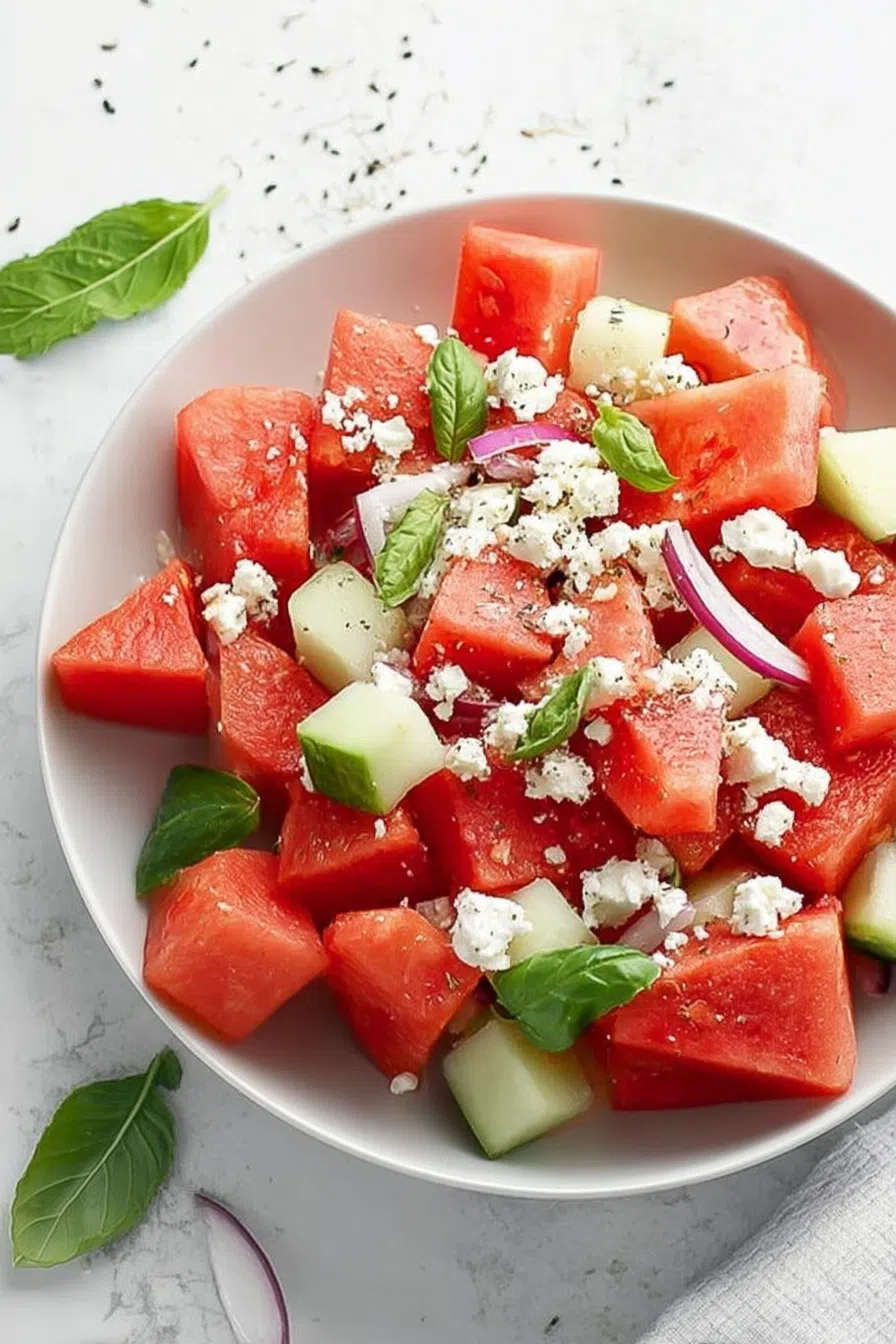Overhead shot of a vibrant salad featuring pink, green, and white ingredients arranged artfully.