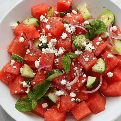 A colorful summer salad with mint leaves and a sprinkle of seasoning, served on a white plate.