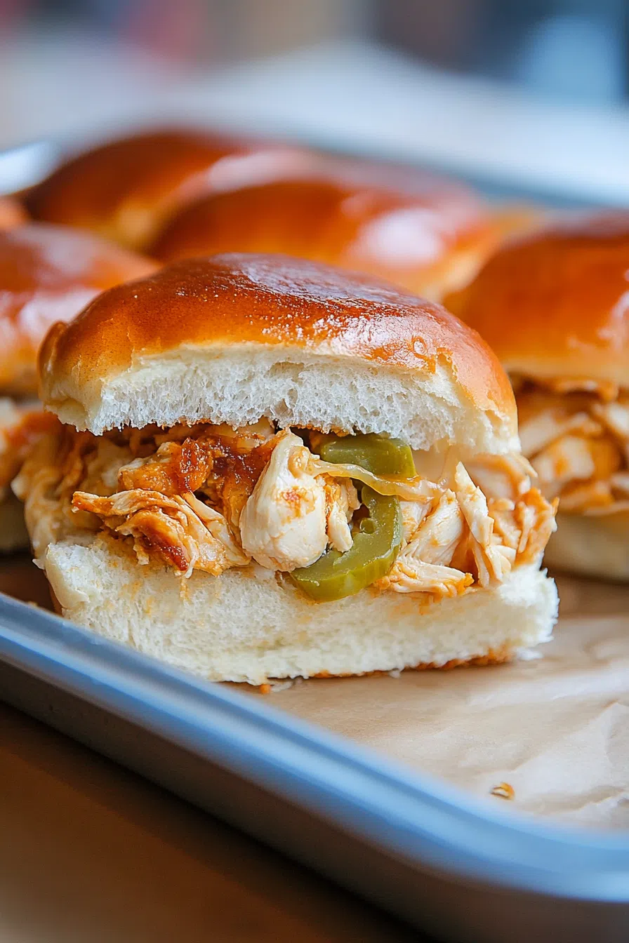 Baking dish filled with evenly browned mini sandwiches fresh from the oven.