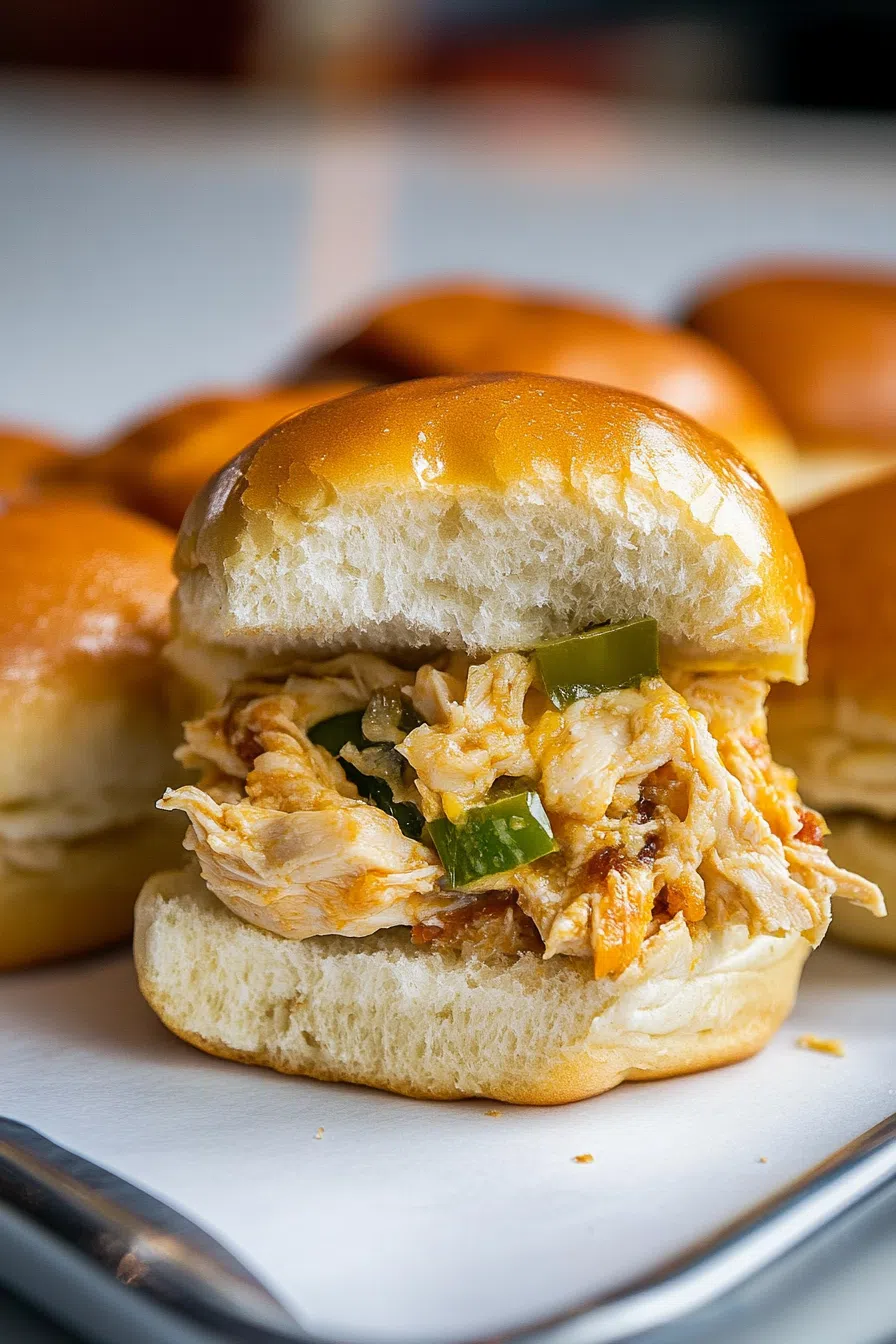 Tray of mini sandwiches with golden buns and melted cheese.