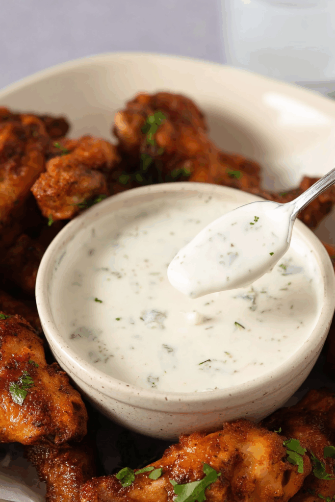 Small glass bowl filled with creamy white dressing, set on a rustic surface.