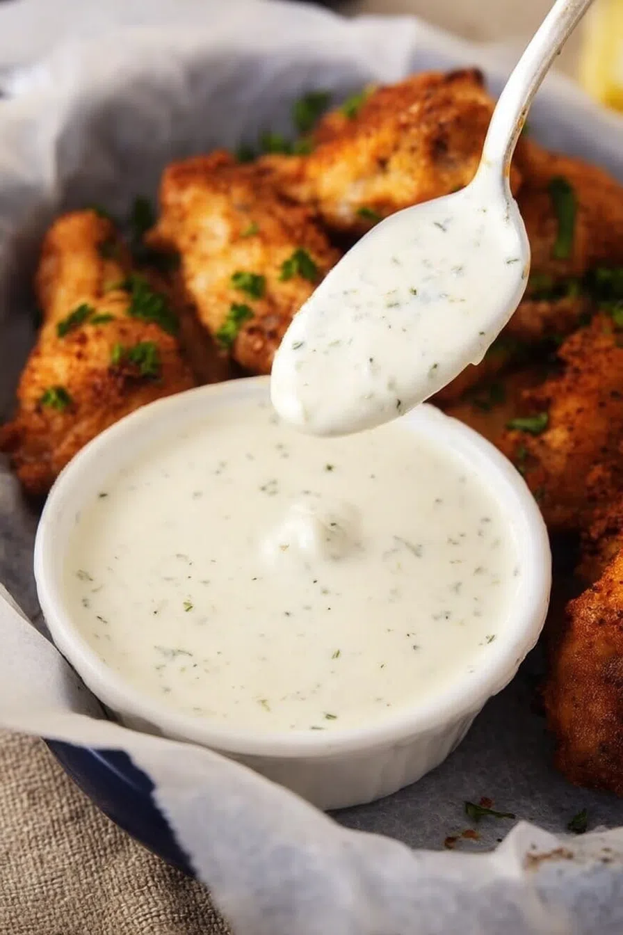 Close-up of a spoonful of herby dressing resting over a ramekin.