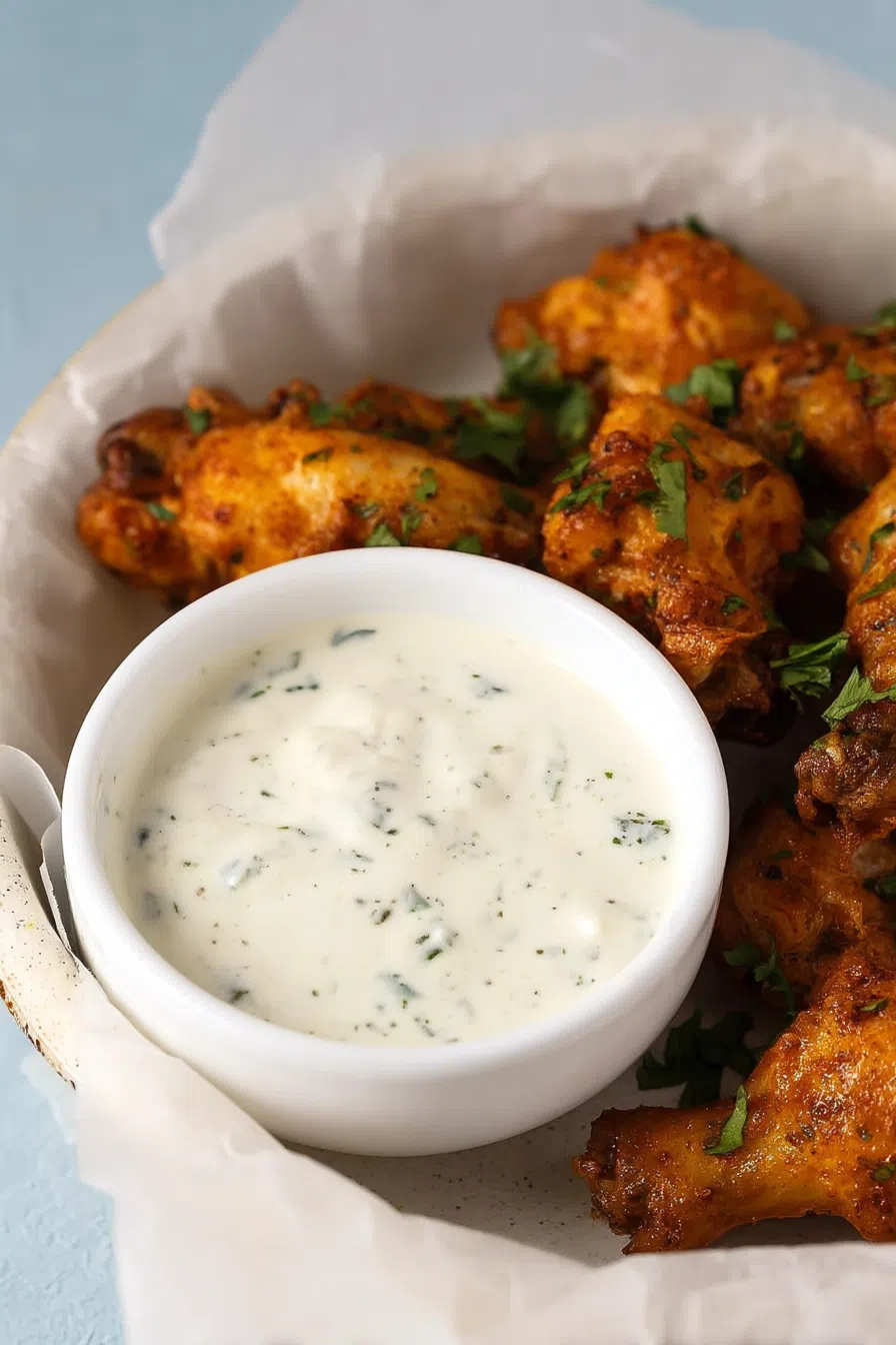 Overhead view of a thick dipping sauce next to a plate of crispy wings.
