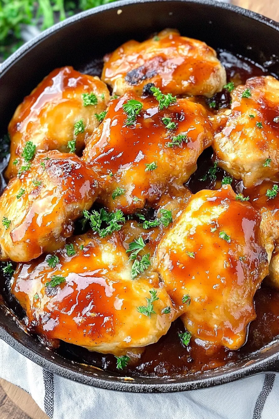 Close-up of tender meat with a caramelized glaze, fresh from the oven.