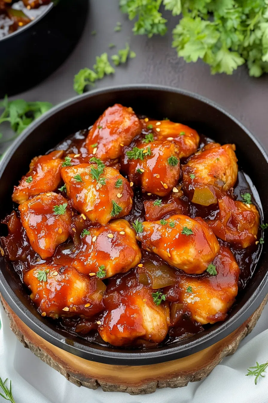 Baked golden-brown chicken pieces served in a casserole dish with a glossy sauce.