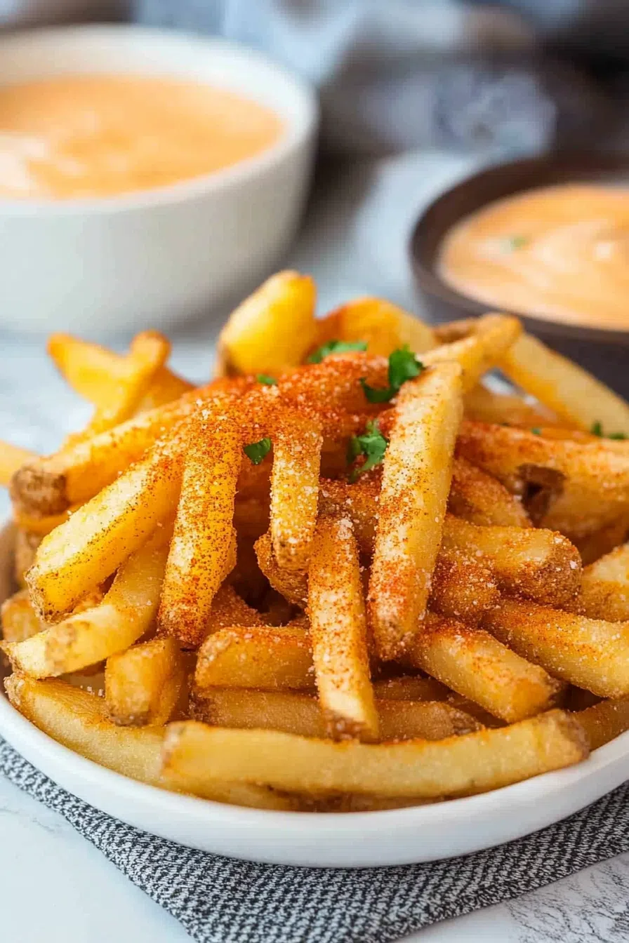 Golden fries topped with melty cheese and garnished with fresh herbs.