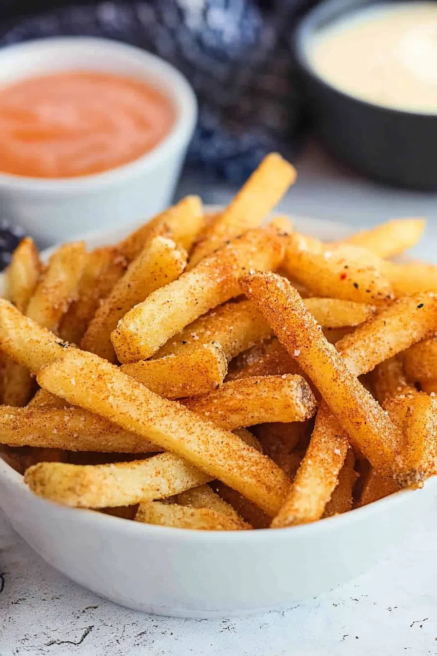 Side view of a serving tray filled with fries and a small bowl of creamy sauce.