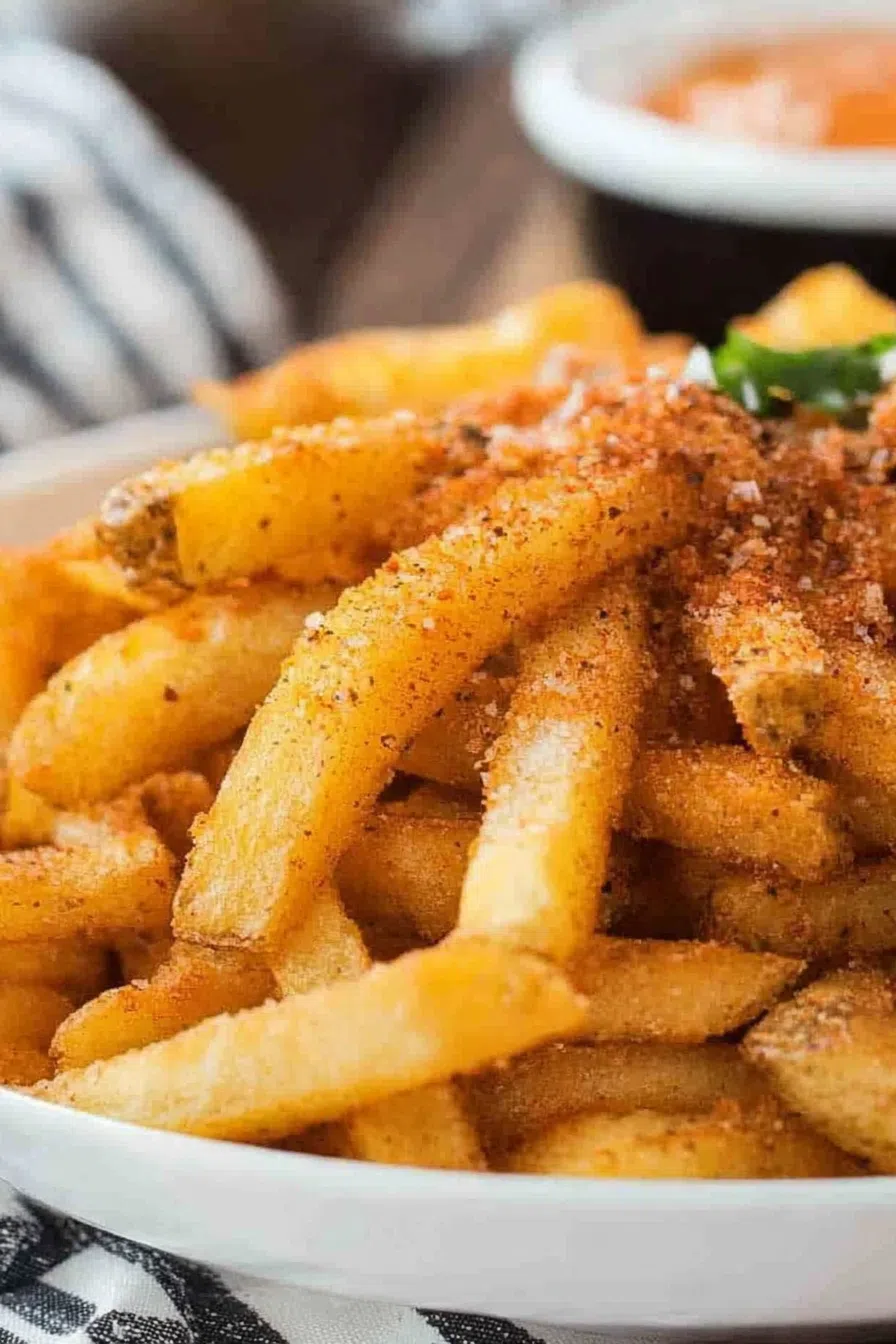 Close-up of crunchy fries coated with a spicy seasoning blend.