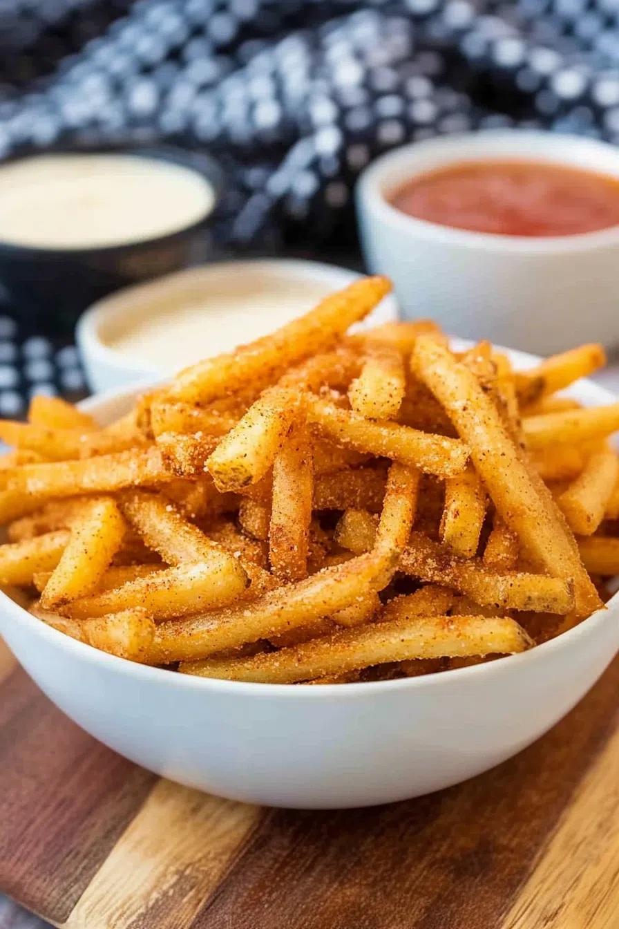 Crispy seasoned fries arranged in a bowl beside a cup of dipping sauce.