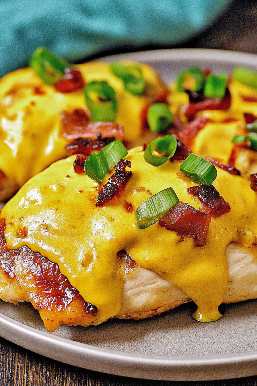 Close-up of a savory chicken dish with golden cheese and a drizzle of honey mustard sauce.