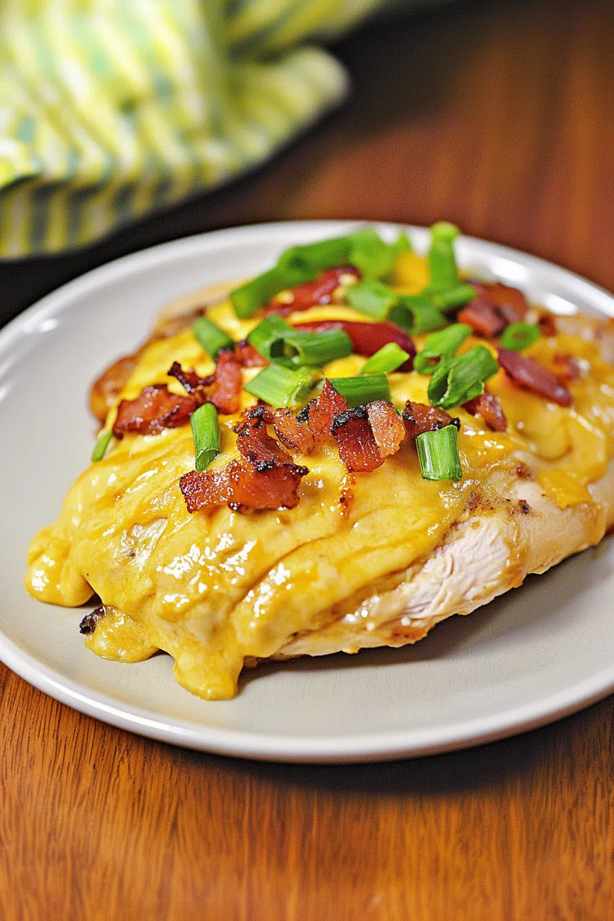 Grilled chicken breast topped with crispy bacon, sautéed mushrooms, and melted cheese.