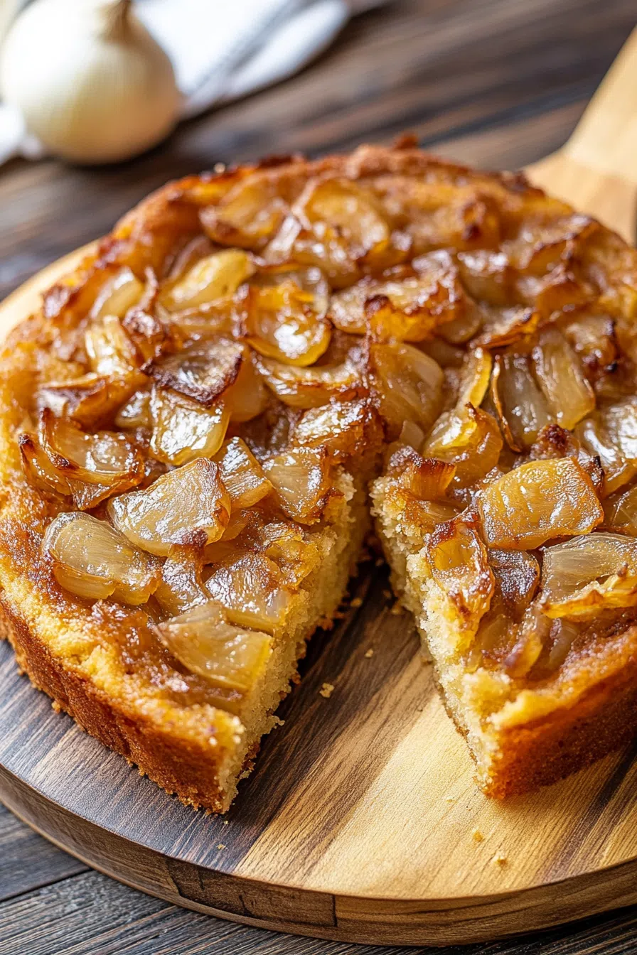 Thick, rustic slice with a golden top resting on a vintage-style cutting board.