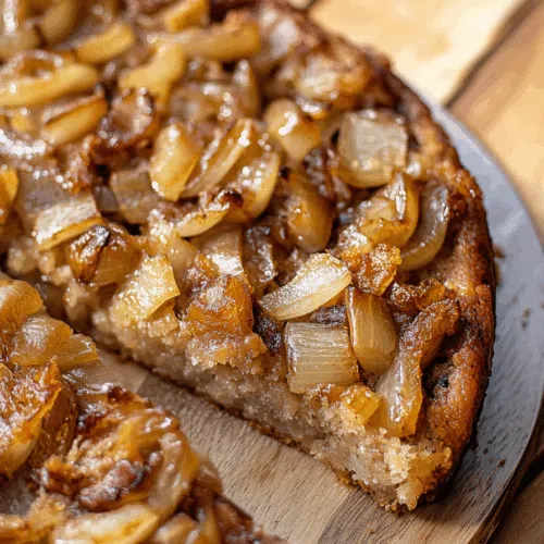 Golden-brown savory slice topped with caramelized onions on a rustic plate.
