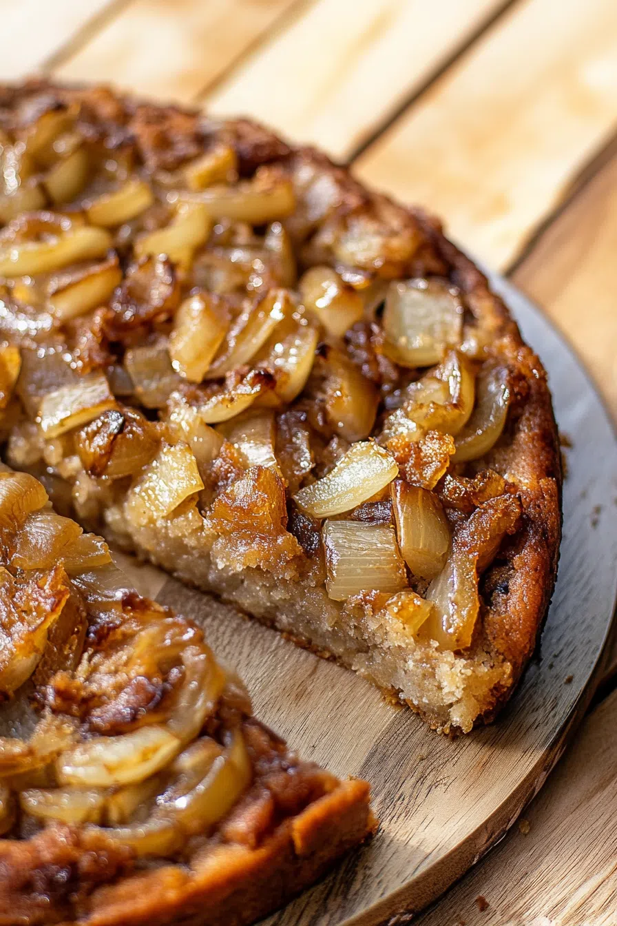 Golden-brown savory slice topped with caramelized onions on a rustic plate.