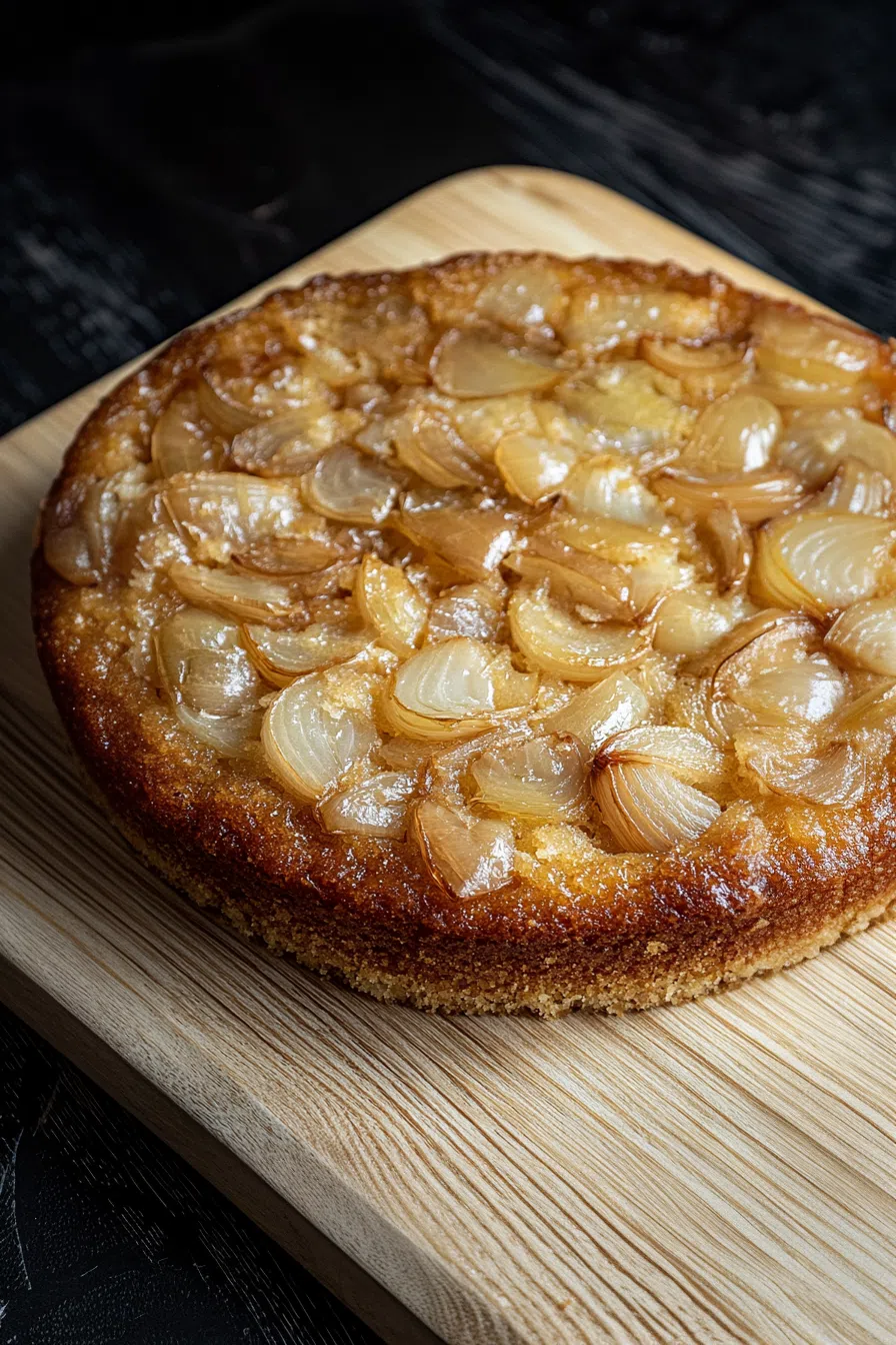Overhead view of a baked square with a crisp top and visible onion layers.