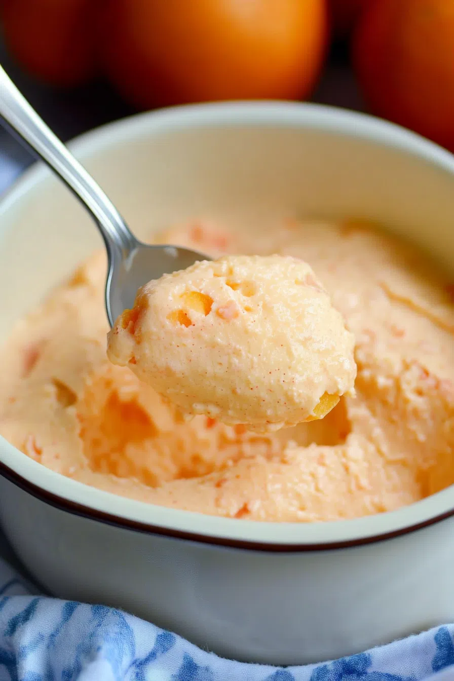 Scooped portion of a sweet, airy fruit mixture served in a decorative dish.