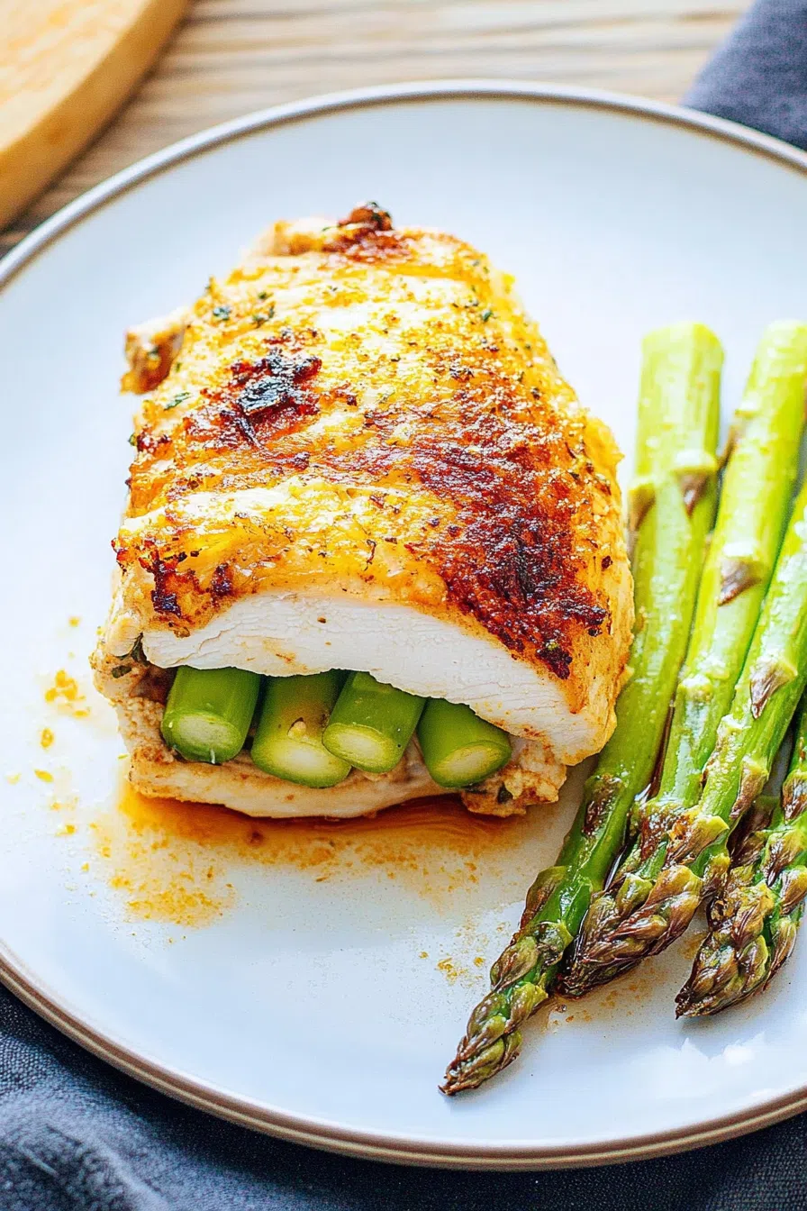 Golden-browned chicken sliced to reveal a green vegetable filling inside.