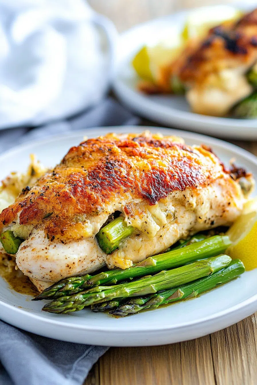 Plated entrée with juicy meat, fresh herbs, and a vibrant filling.