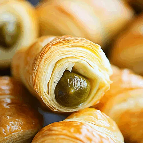 Close-up of flaky, oven-baked snacks revealing a peek of pickle inside.