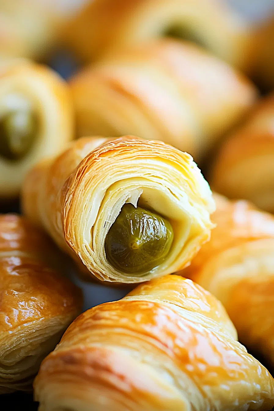 Close-up of flaky, oven-baked snacks revealing a peek of pickle inside.