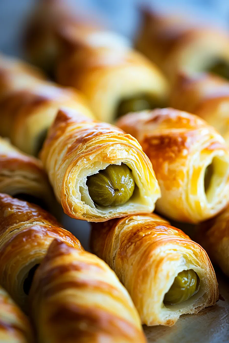 Close-up of savory rolls revealing a hint of filling inside each bite.