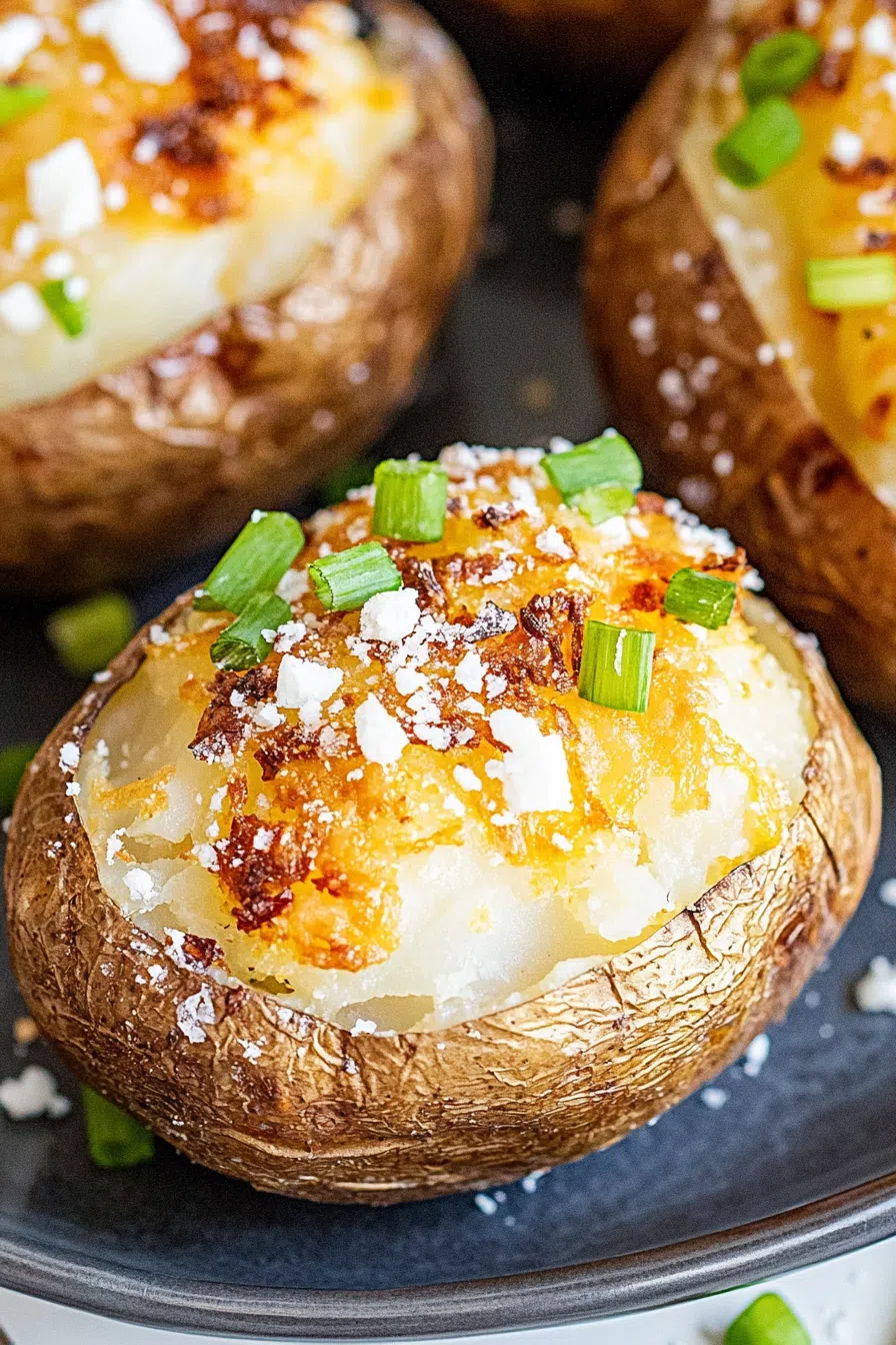 Rustic presentation of a hot potato topped with cheese and herbs.