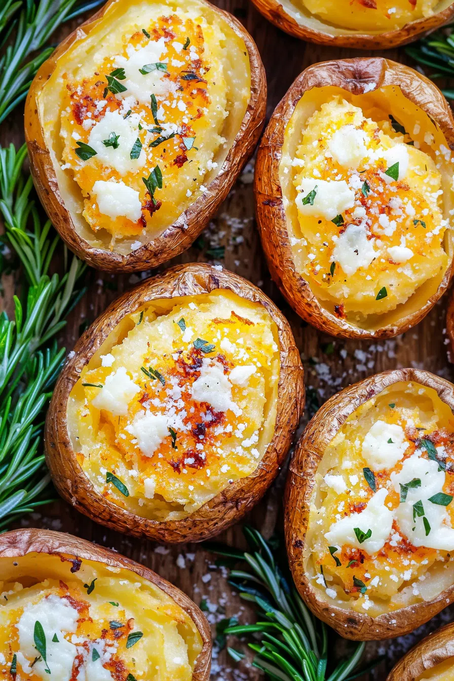 Baked potato on the grill, split and ready to serve with classic toppings.