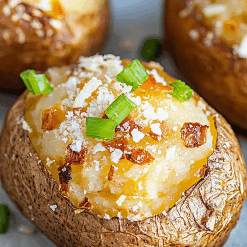 Fluffy potato split open with melted cheese and fresh herbs on top.