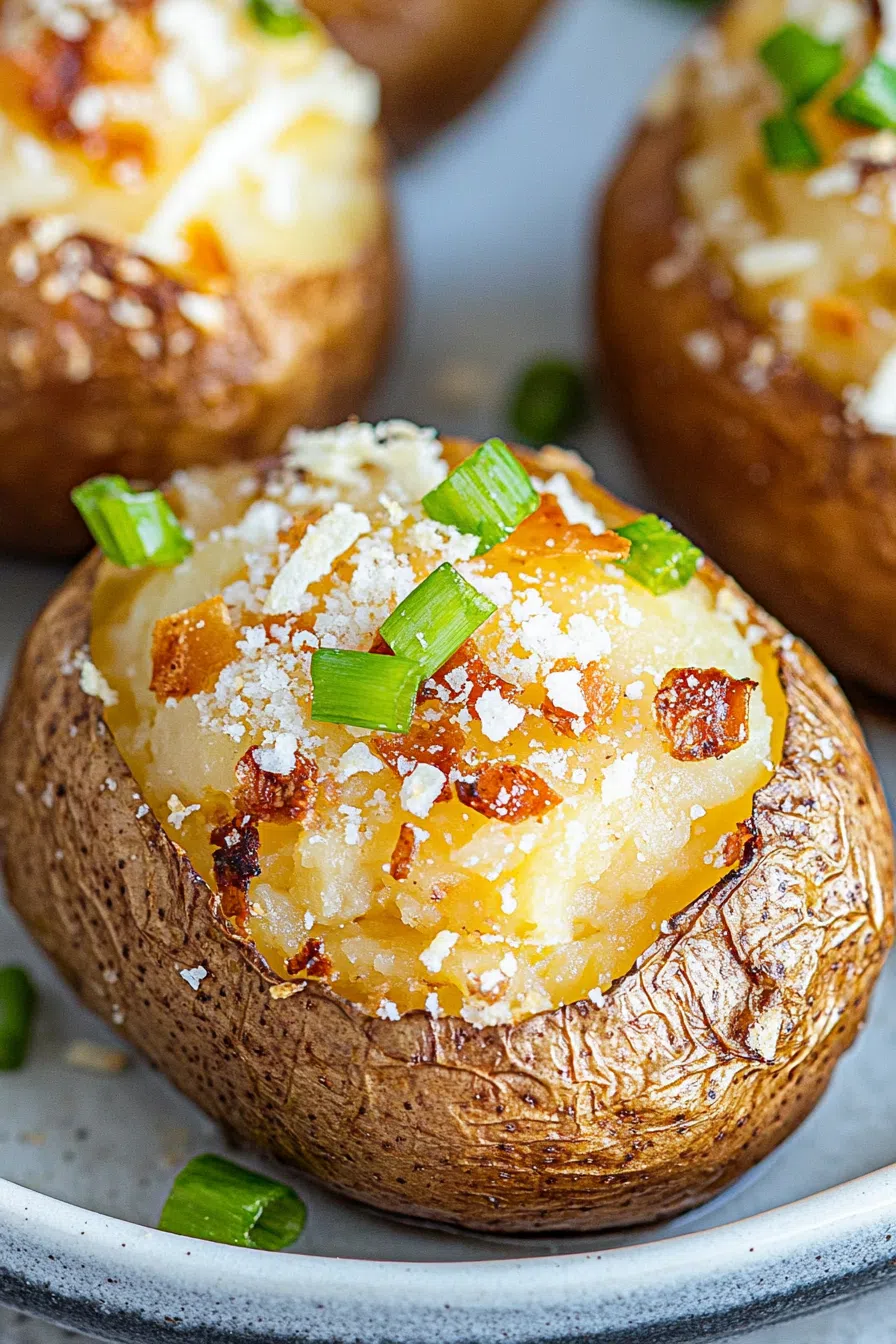 Fluffy potato split open with melted cheese and fresh herbs on top.
