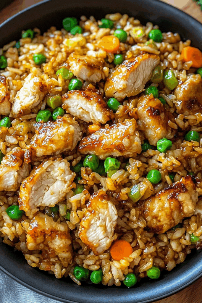 Serving of rice tossed with chopped vegetables and a creamy, orange-hued drizzle.