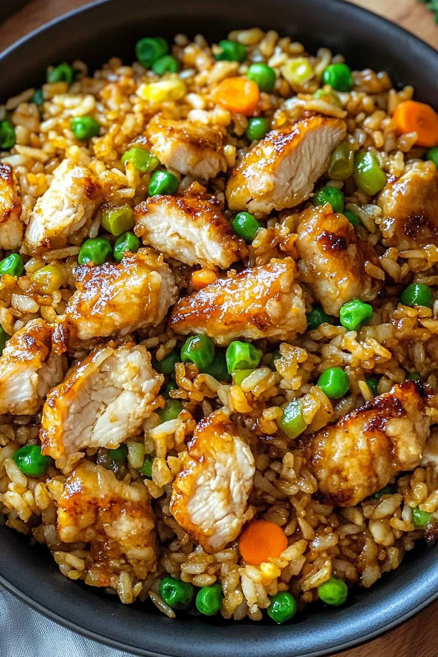 Serving of rice tossed with chopped vegetables and a creamy, orange-hued drizzle.