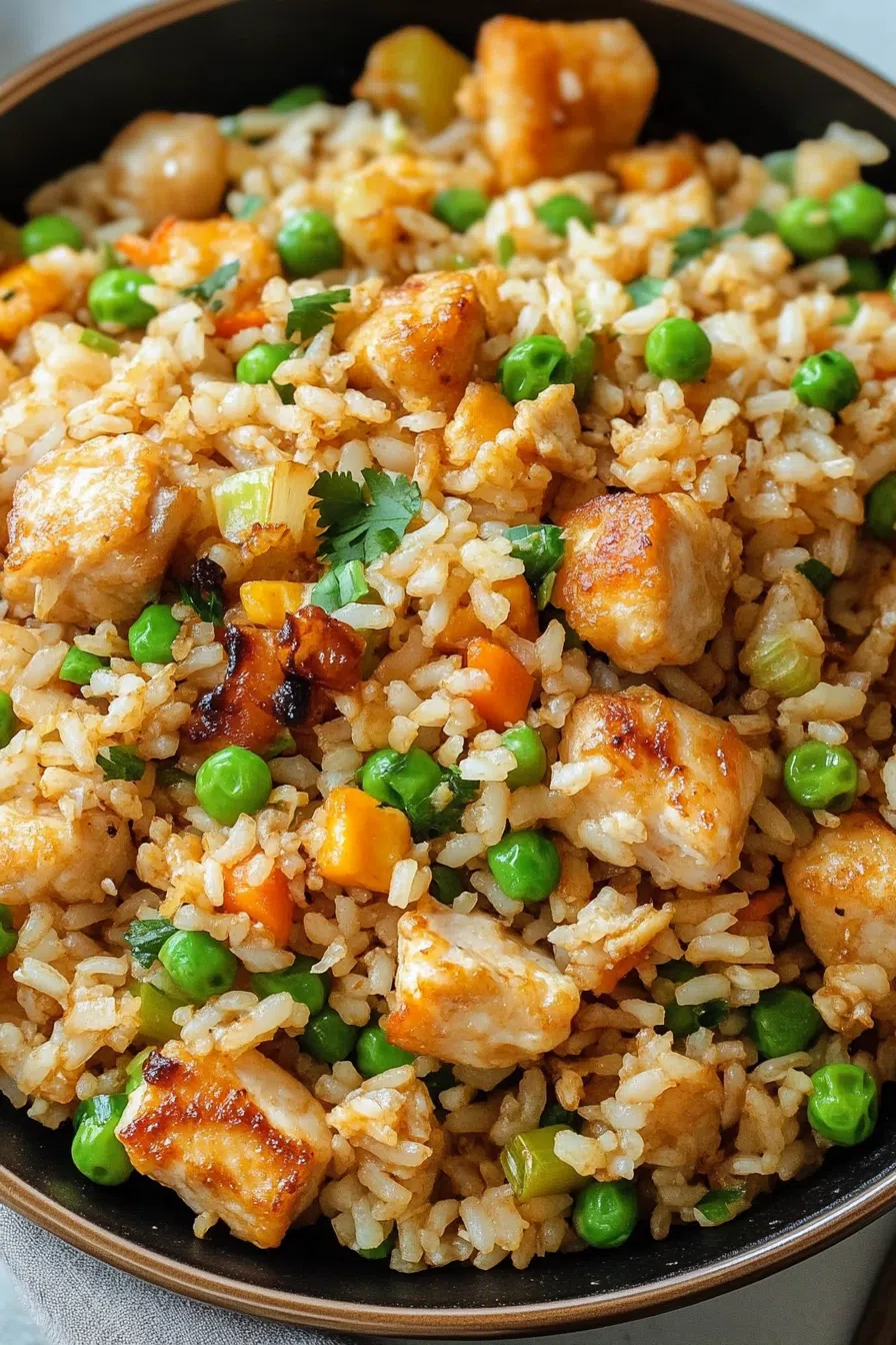 Close-up of a skillet filled with golden grains, crispy bits, and fresh herbs.