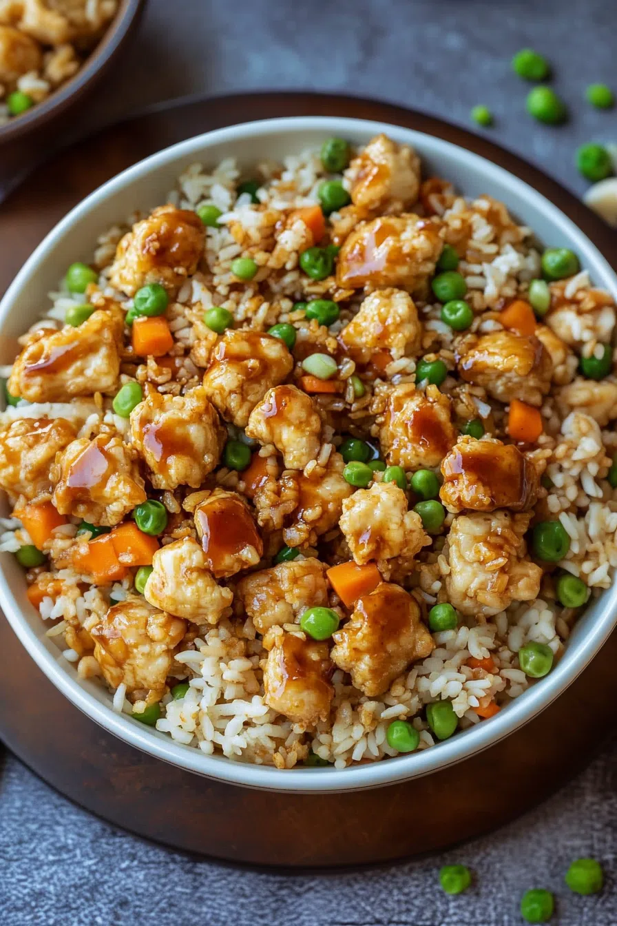 Bowl of savory rice topped with tender pieces and a vibrant sauce.