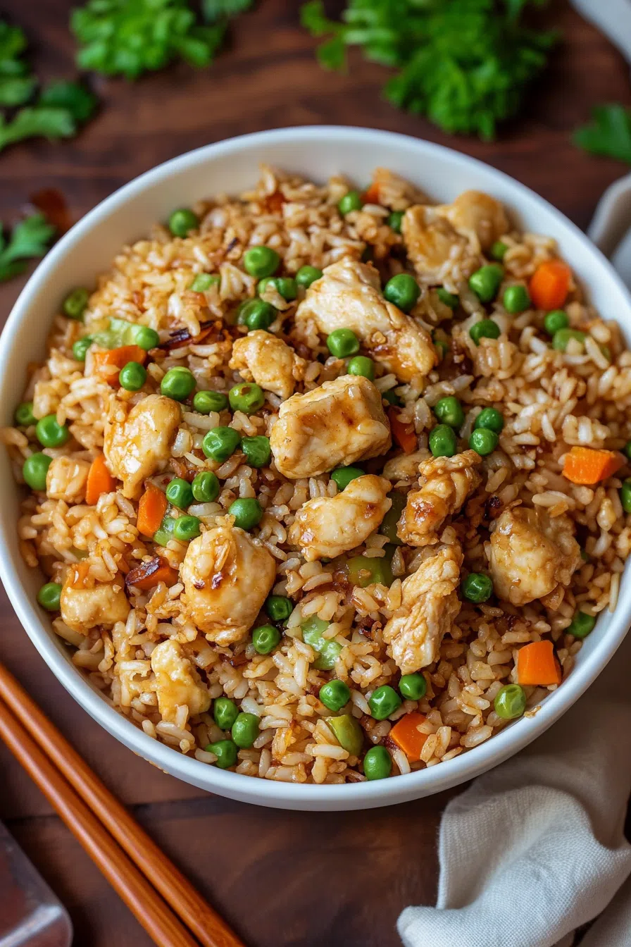 Overhead view of a colorful stir-fry with contrasting textures and garnishes.