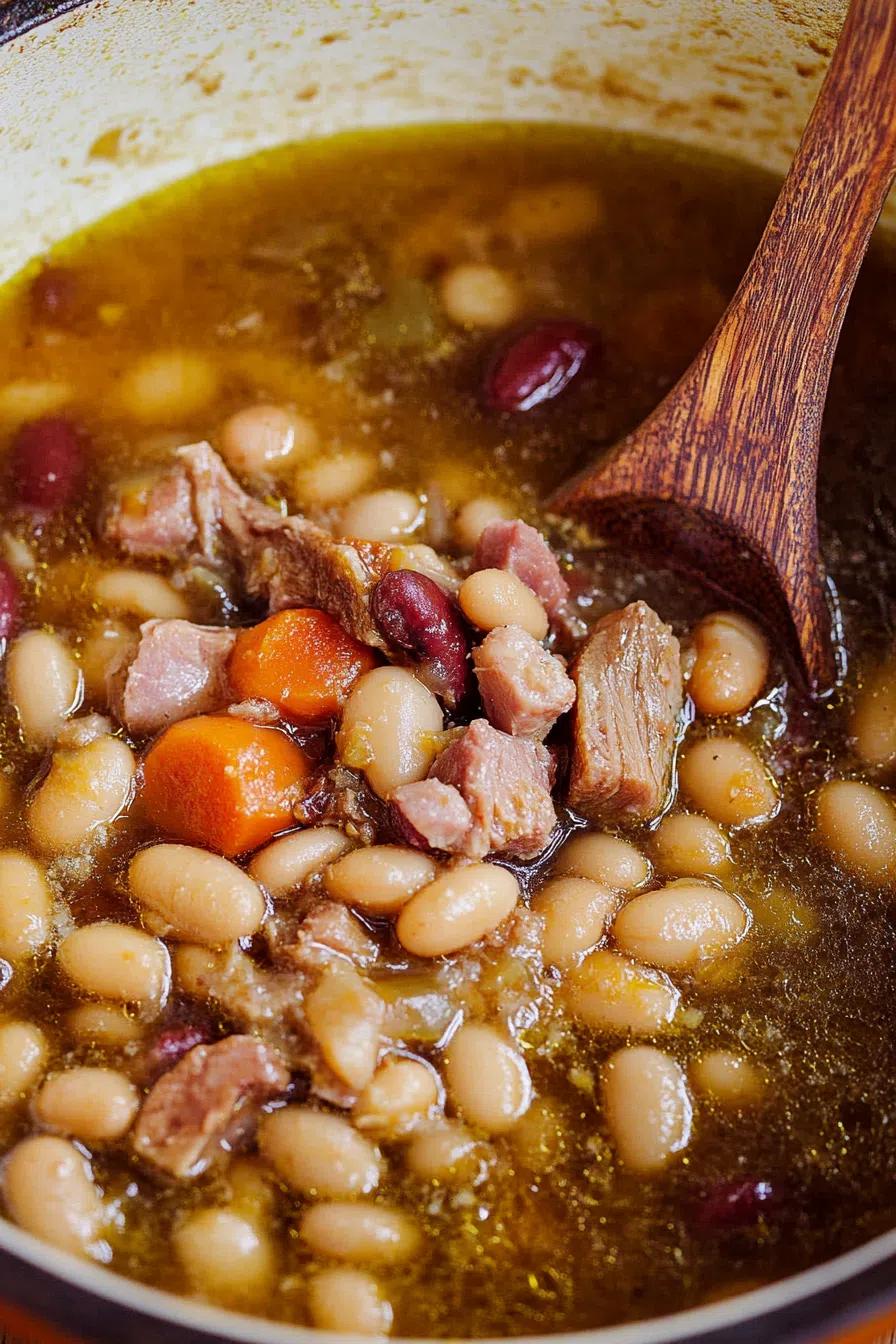 Bowl of tender beans in a rich, savory broth with visible pieces of slow-cooked meat.