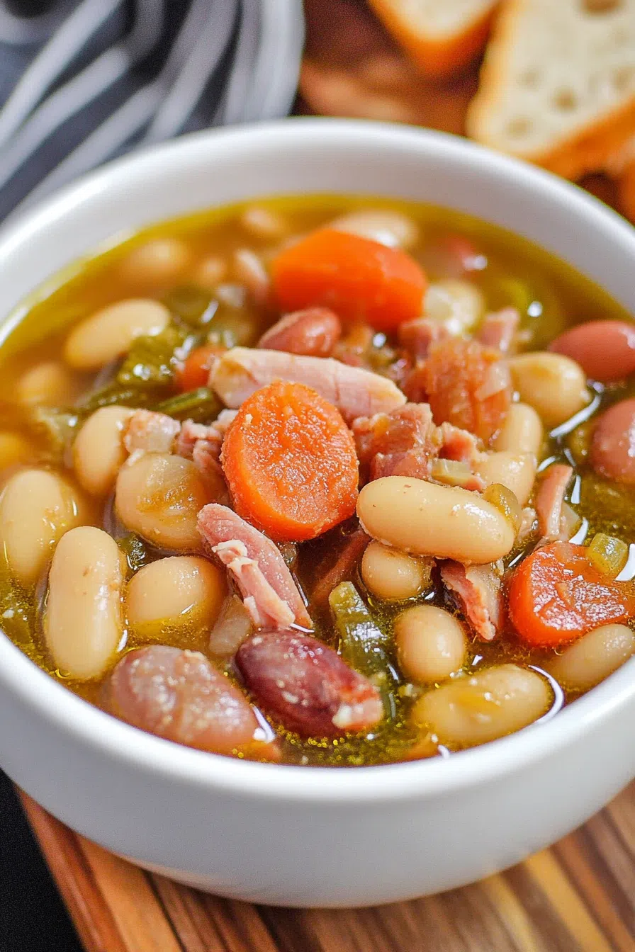 Comforting bean dish served in a rustic bowl with cornbread on the side.