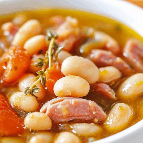 Warm bean and meat mixture with smoky flavor, garnished with chopped herbs.