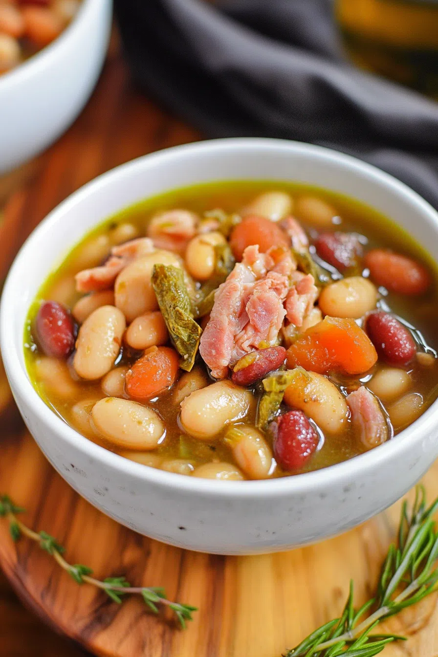 Beans cooked with ham hocks served in a deep bowl, ready to eat.