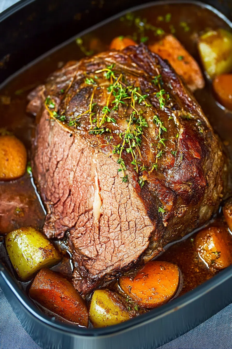 Tender chunks of slow-cooked meat served with carrots, potatoes, and rich brown gravy.