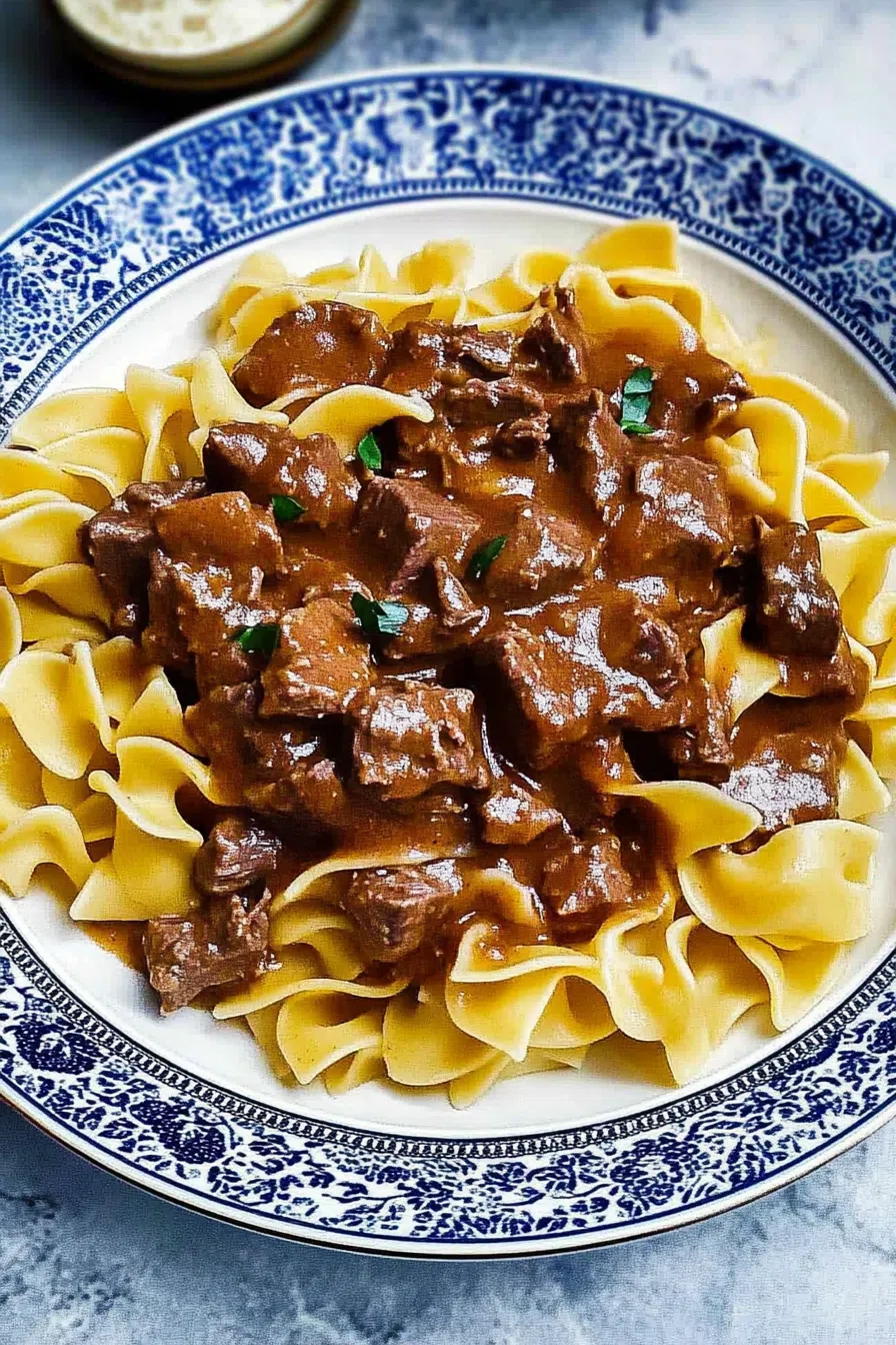 Comfort food dish featuring slow-cooked beef and wide noodles in a creamy sauce.