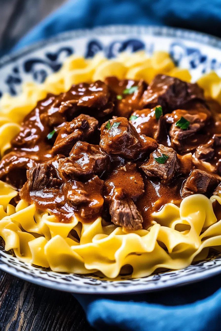 Rustic plate with hearty beef pieces and soft egg noodles, topped with gravy.