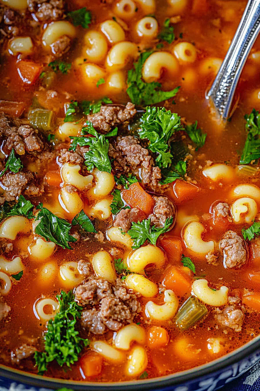 Close-up of chunky soup with macaroni noodles, carrots, and savory broth.