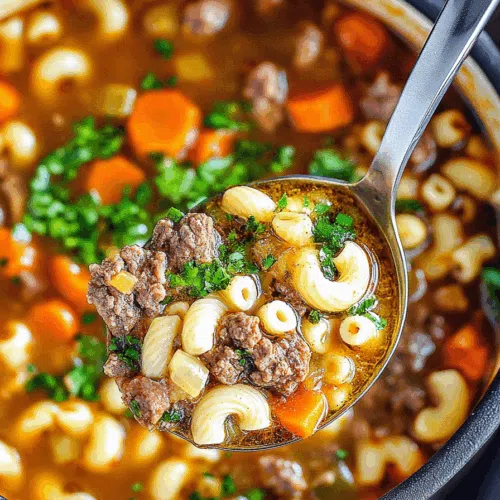Warm, comforting bowl of soup featuring pasta, beef, and herbs.