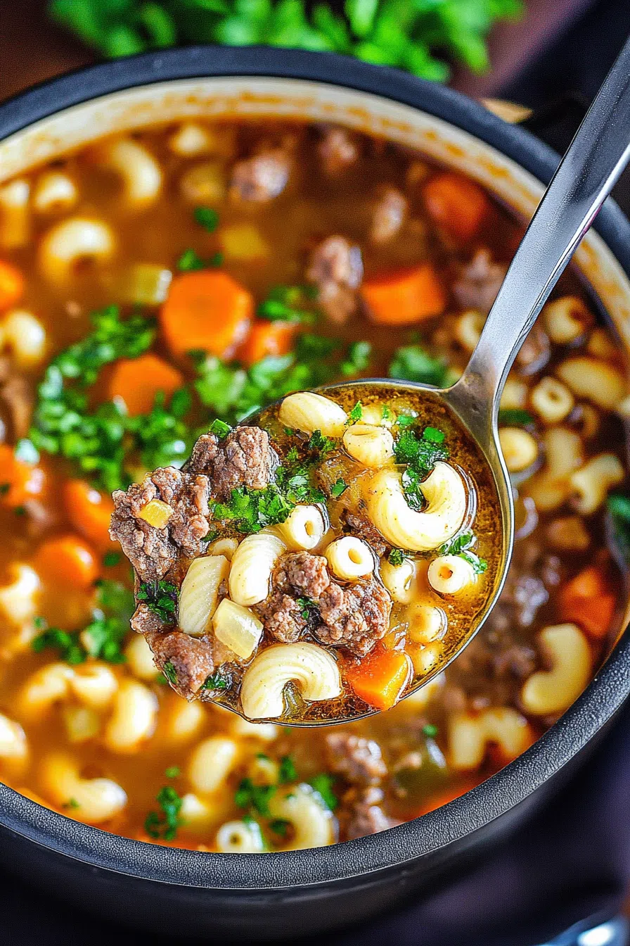 Warm, comforting bowl of soup featuring pasta, beef, and herbs.